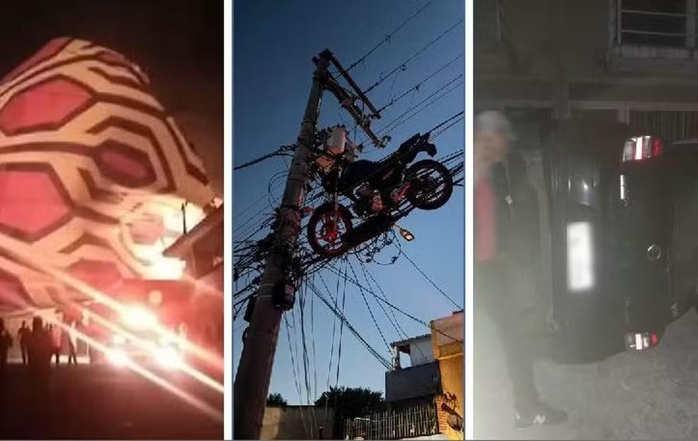 Balão cai sobre imóveis e creche, arrasta carro, ergue moto e atinge rede elétrica na Zona Leste de SP