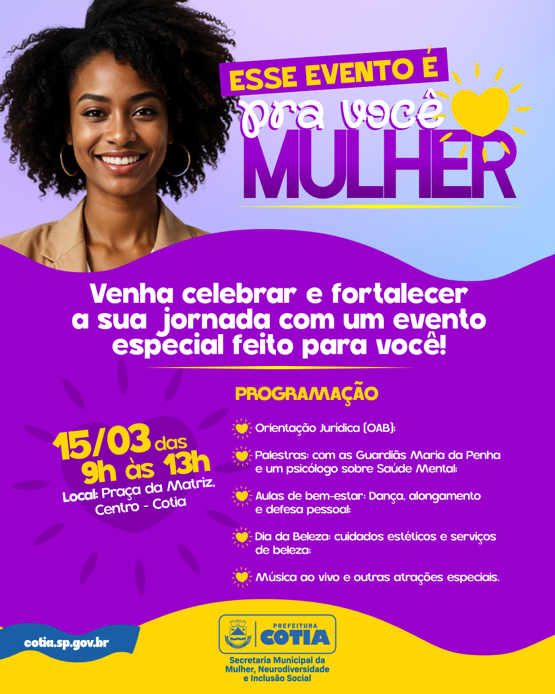 Praça da Matriz receberá evento ‘Pra você, mulher’ no sábado, 15/03